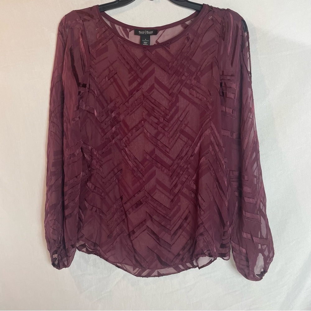 White House Black Market Burgundy Geometric Sheer Blouse